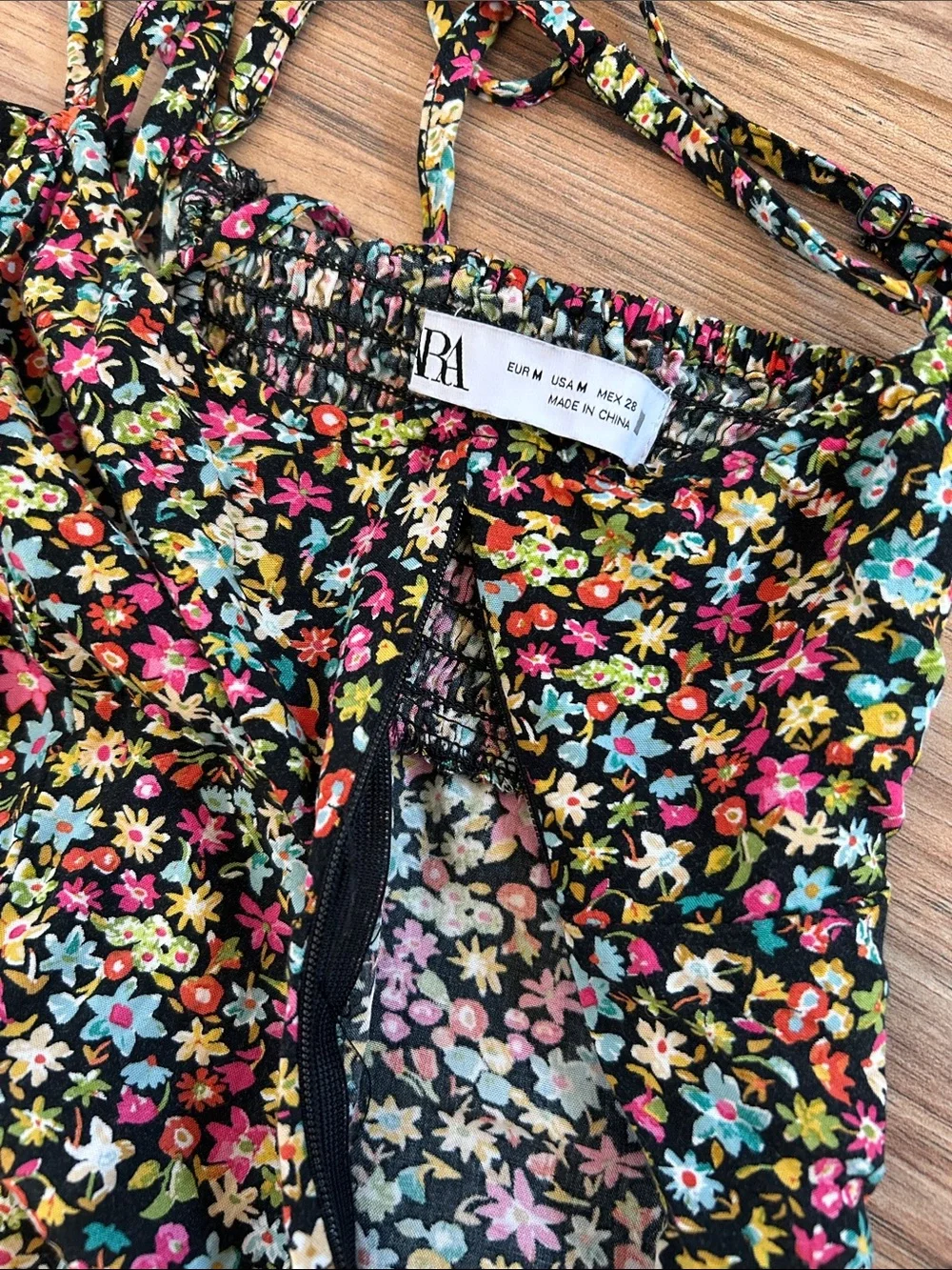 Zara Black Floral Maxi Slip Dress with Pink & Green & Blue Accents size medium - Picture 3 of 9
